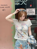 Bonnyshow  Niche Star Bow Printed Short Sleeved T-shirt Women 2025 Summer Casual Round Neck Slim Crop Top Street Fashion Y2k Tees