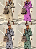 Bonnyshow  Fashion Linen Printed V Neck Lace Up Belt Long Dress Elegant Half Sleeve Split Midi Dresses Summer Lady Casual Holiday Robes