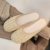 Bonnyshow  High Quality Grass Vine Weaving Round Toe Women Slippers Summer Flat Heels Beach Casual Ladies Shoes