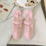 Bonnyshow Bow Embroidered Plush Socks for Women Soft Mink Fleece Floor Sock Korean Ins Winter Warm Female Middle Tube Socks