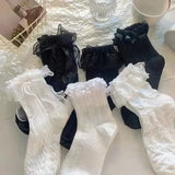 Bonnyshow Mid-tube Solid Lace Bow Ruffle Socks Kawaii Lolita Short Socks Cotton Socks JK Japanese Lacework Stockings Women's Stockings