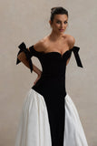 Bonnyshow New Couture Black&White Velvet Long Evening Dresses Sweetheart Bow Straps Modest Formal Party Dress Evening Gowns