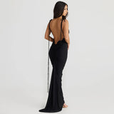 Bonnyshow Sexy Lace Up Floral-applique Backless Maxi Long Dresses Elegant Summer Black Red Party Dress Women 2024