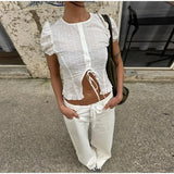 Bonnyshow  Chic Street Hollow Puffy Sleeve Shirt Women Retro White Slim O-neck Lace Up Short Shirts Lady 2025 Summer Fashion Versatile Tops