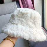 Bonnyshow Faux Fur Bucket Hat for Women Winter Thick Plush Girls Fisherman Cap Korean Solid Color Warm Fluffy Sun Visor Panama Caps