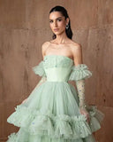 Bonnyshow Beautiful Mini Green Sparkle Beaded Long Evening Dresses With Ruffles Trimmed Details Shiny Squined Princess Long Gons