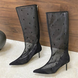 Bonnyshow  Autumn Street Style Design Breathable Mesh Women Knee-High Boots Pointed Toe Thin Low Heels Sandals Booties Ladies Shoes
