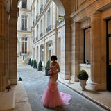 Bonnyshow Eye Catching Pink Mermaid Evening Dresses With 3D Flower Details Square Neckline Full Sleeves Long Formal Dress