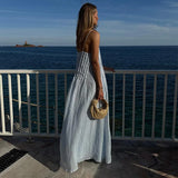 Bonnyshow  Summer Chic Pleated Long Dresses Women Elegant Loose V Neck Sleeveless High Waist Female Robes Solid Backless Lady Beachwear