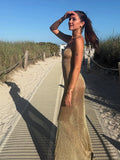 Bonnyshow  Sexy Glitter Low Cut Long Beach Dresses Women Chic Sleeveless Shiny Pleated Hem Sling Dress Female Spring Party Holiday Vestidos