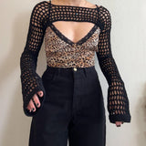 Bonnyshow Y2k Hollow Out Crop Tops Crochet Net Short Pullovers Women Knit Long Sleeve Streetwear Aesthetic Cover Up T-Shirts