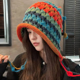 Bonnyshow Women's Y2K Kawaii Knitted Hat Contrast Color Tassel Ball Beanie Hats With Ear Flaps Ushanka Warm Cap For Winter Fall