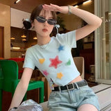 Bonnyshow  Korean Cute Design Short Sleeves With Star Print Graphic T Shirts Mini Crop Tops Women Clothes Hip Hop Students Slim Summer