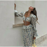 Bonnyshow  Printed Flare Sleeve Women 's Pant Set Square Collar Bandage Lace Up Crop Top High Waist Jogger Pants Female Sets Lady Outfits
