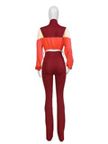 Bonnyshow Autumn Women Fashion Casual 2 Piece Set Color Patchwork Long Sleeve Zip-up Jackets Crop Top + High Waist Flare Pants Suit