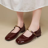 Bonnyshow  Shallow single shoes women 2025 summer new red patent leather evening style square head low heel flat Mary Jane shoes