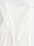 Bonnyshow  BOHO Summer White Black Wood ears Ruffles V neck Sleeveless Dress Women Loose Cascade A-lined Hem Short Dresses Summr Robe