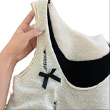 Bonnyshow  Fake Two-Piece Tank Knitting Contrast Women High Street Hollow Out Bow Patchwork Vest Fashion Casual Loose Female Tops