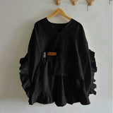 Bonnyshow  Female Solid Ruffle Loose Blouses Shorts Sets Casual High Street Ladies Full Sleeves V-neck Shirt 2 Piece Suits Summer Fashion