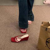 Bonnyshow  Summer Women Narrow Band Slippers Concise Open Toe Slide Ladies Wedges Heel Dress Sandalias