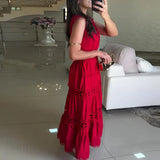 Bonnyshow  Lace Women's V Neck Patchwork Party Dress Sexy Hollow Out Sleeveless Pleated Holiday Dress Elegant Embroidery Solid Long Dresses