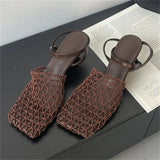 Bonnyshow  Street Style Breathable Holes Mesh Square Toe Woman Pumps Fashion Buckle Strap High Heels Mules Summer Shoes