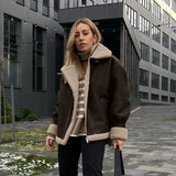 Bonnyshow Vintage Women's Coat Long Sleeve Turn-down Collar Zipper Suede Lamb Wool Jacket Thick Warm Winter 2024 Autumn New Tide