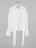 Bonnyshow White Fashionable Flared Sleeve Loose Shirt Women's Lace Up Casual Versatile Long Sleeved Office Lady Solid Color Shirt