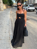 Bonnyshow  Fashion Black Hollow Out High Waist Long Dress Women Sleeveless Backless Slim Vestidos Summer New Vocation Street Party Dresses