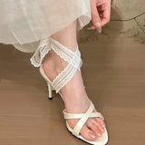 Bonnyshow  Lace Pointed Toe Women Heeled Sandals Stilettos Shoes Woman Slippers Slingback 2025 Fashion Summer Sexy Dress Pumps Zapatillas
