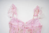 Bonnyshow  Romantic Floral Print Maxi Dress Ruffle Trim Lace Detail Tiered Long Pretty Pink For Women Sleeveless Summer TH9769
