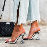 Bonnyshow  New Serpentine Slippers Woman Cozy Cup Heel PVC Transparent Sexy Square Open Toe Party Sandals Slides Shoes