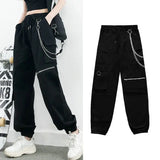 Bonnyshow Streetwear Spring Summer Cargo Pants Women Harajuku Slim Punk Ribbons Joggers Elastic Waist Ankle-Length Trousers For Girls