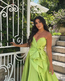 Bonnyshow Beautiful Neon Green Split A-line Satin Evening Dresses With Handmade Flower Details Sweetheart Lace Up A-line Long Evening Gown