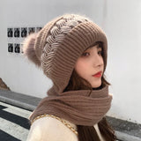 Bonnyshow Winter Thicken  Add Fur Knitted Soft Hat With Scarf Outdoor Cycling Windproof Keep Warm Balaclava Pompoms Ball Caps