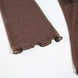 Bonnyshow  y2k Brown Mesh Spliced Lace Cardigan Women Lace-Up flared Sleeve Rufed T-Shirt Aesthetic Transparent Top summer Clothes