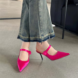 Bonnyshow  Satin Button Pointed Toe Mules Pumps Women Slipper Fashion Shallow Thin High Heels Ladies Shoes