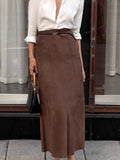 Bonnyshow Autumn Retro New Fashionable Matte Fleece Half Skirt Brown Slim Fit High Waisted Straight Leg Women's Casual Long Skirt