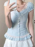 Bonnyshow  Sweet Simple Slim Fit Lace Spliced Women Plaid Shirts Fashion Causal Ruffly Bow Fake 2 Piece Blouses