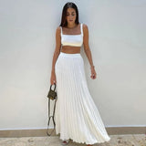 Bonnyshow Elegant Knitted Skirt Set Women Crop Top and Maxi Skirt Outfits Summer Casual Solid Bohemia Holiday Beach Two Piece Set