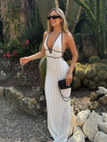 Bonnyshow  Summer Halter Knitted Long Dress Elegant Backless Sleeveless Patchwork Women Maxi Dresses Fashion Deep V Neck Beach Robes