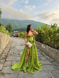 Bonnyshow Light Green Split Long Evening Dresses With Ruched Ruffles Trimmed Details Sweetheart Buttons Front Formal Dress