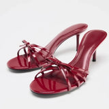 Bonnyshow  Wine Red High Heels Sandals for Women Square Toe Bowtie Decor Summer Outdoor Slippers Thin Heeled Party Wedding Shoes