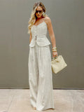 Bonnyshow  Women Spaghetti strap Floor-length Suits Single Breasted Bandage Waist Backless Loose Long Pants Sets 2025 Spring Fashion New
