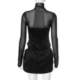 Bonnyshow Black Mesh Patchwork Mini Dress for Women Sexy Hollow Out Bodycon Dresses Fashion Long Sleeve Turtleneck Club Party Dress