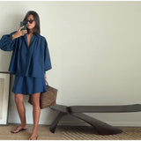 Bonnyshow  Casual Shirts Shorts Sets Women Loose Vacation Turn-Down Collar Long Sleeve Shirt High Waist Short Pant 2025 Summer Lady Suit
