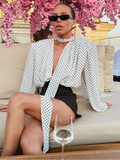 Bonnyshow  Chic Polka Dot Printed Shirt With Scarf Women Elegant Long Lantern Sleeves V Neck Loose Shirts Street 2025 Autumn New Lady Tops