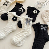Bonnyshow Warm Coral Velvet Socks for Women Kawaii Flower Bows Mid Tube Sock Lady Thicken Warm Plush Sleep Home Floor Socks