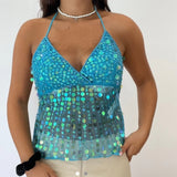 Bonnyshow  Women Sequin Halter Top Sexy Sleeveless Deep V Neck Glitter Tank Top Sparkle Backless Crop Top Summer Streetwear