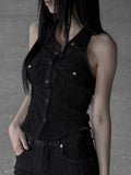 Bonnyshow  Fashion Solid Hottie Safari Style Simple Women Halter Shirts Pocket Slim Fit Backless Summer Blouses